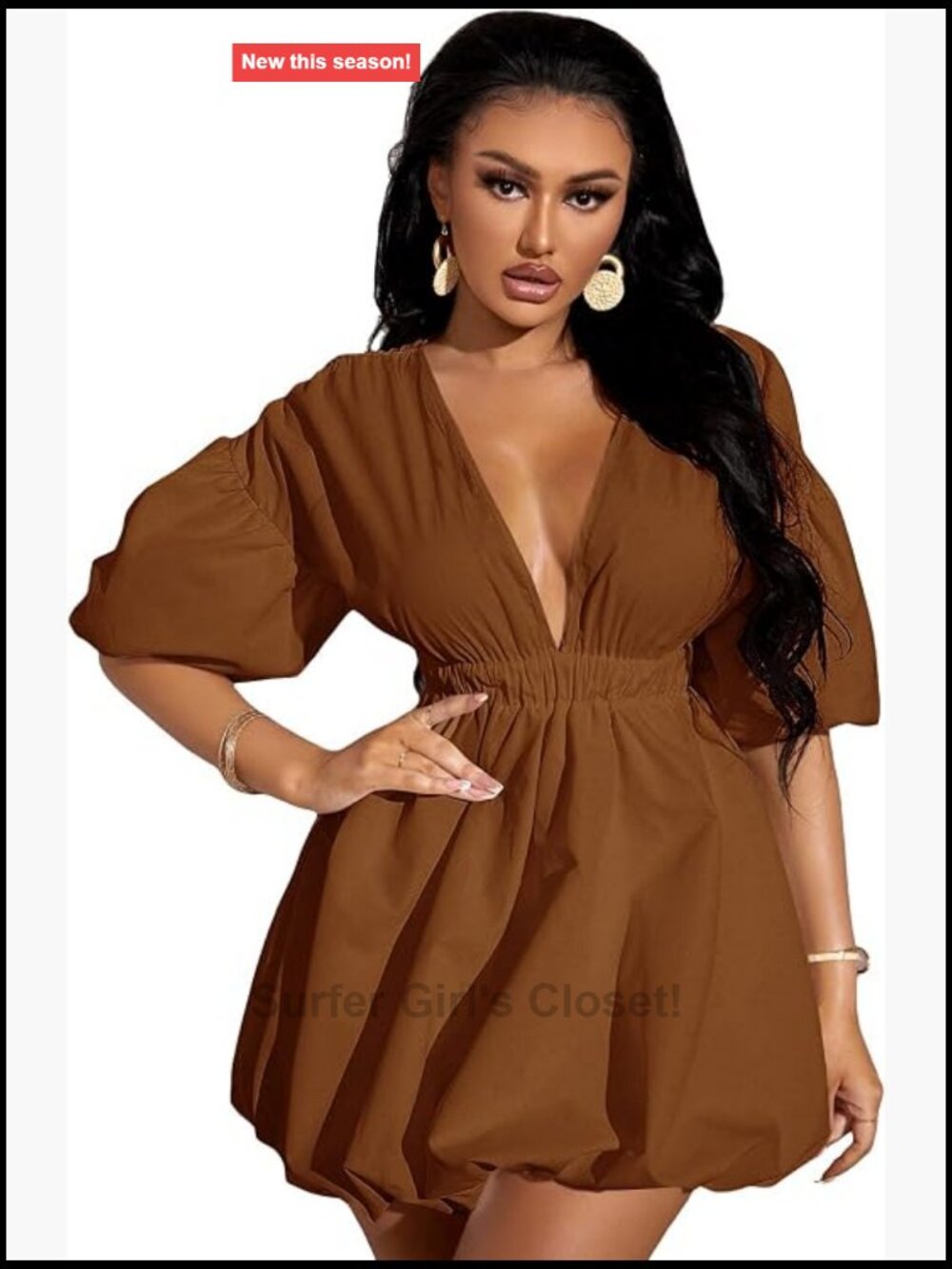 Deep V Neck Puff Sleeve Flare Ruffle Summer Dress